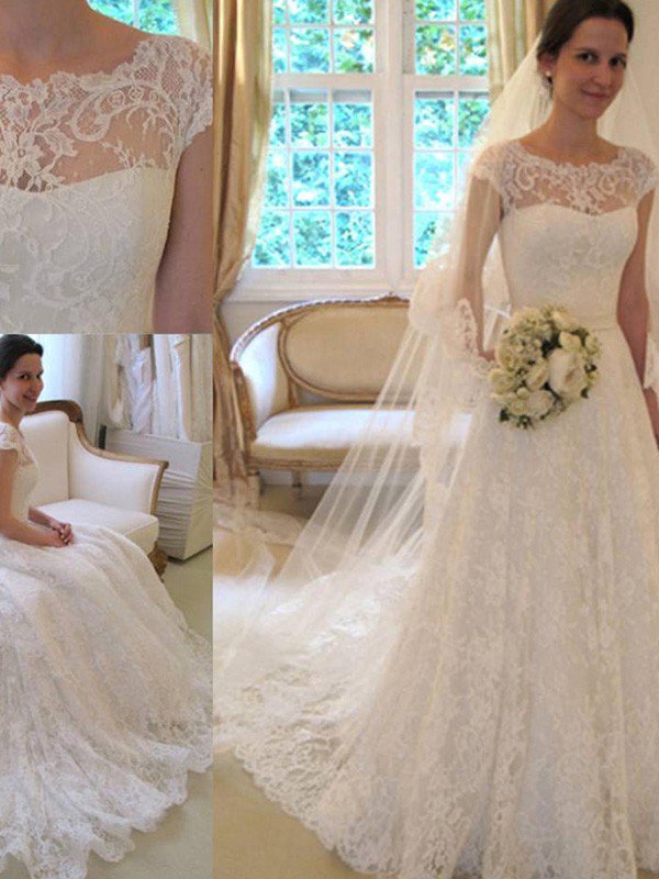 Court Train Applique A-Line Short Sleeves Square Lace Ribbon Wedding Dresses UK