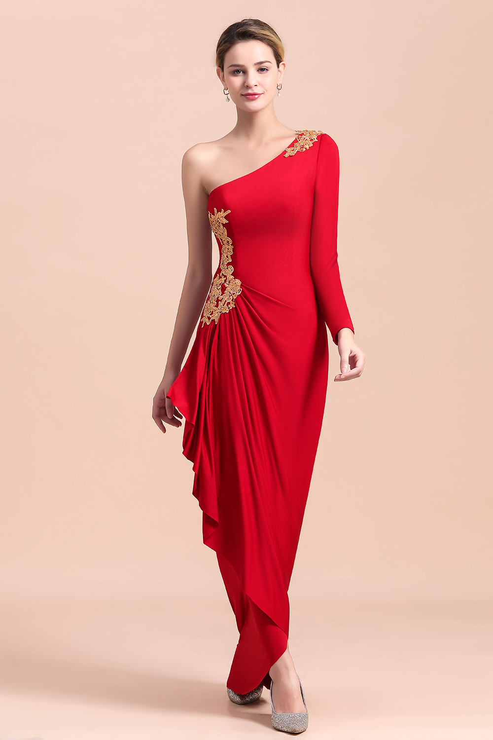 One-Shoulder Long Sleeves Ruffle Mother of Bride Dresses with Gold Appliques