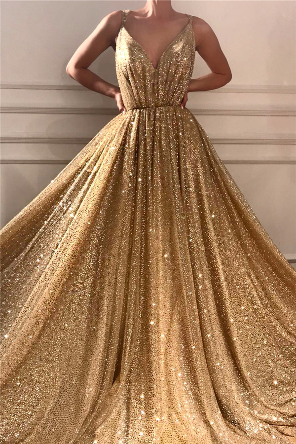 Chic Sequins Spaghetti Straps Cheap Evening Dress | Sparkling V-Neck Sleeveless Gold Prom Dress