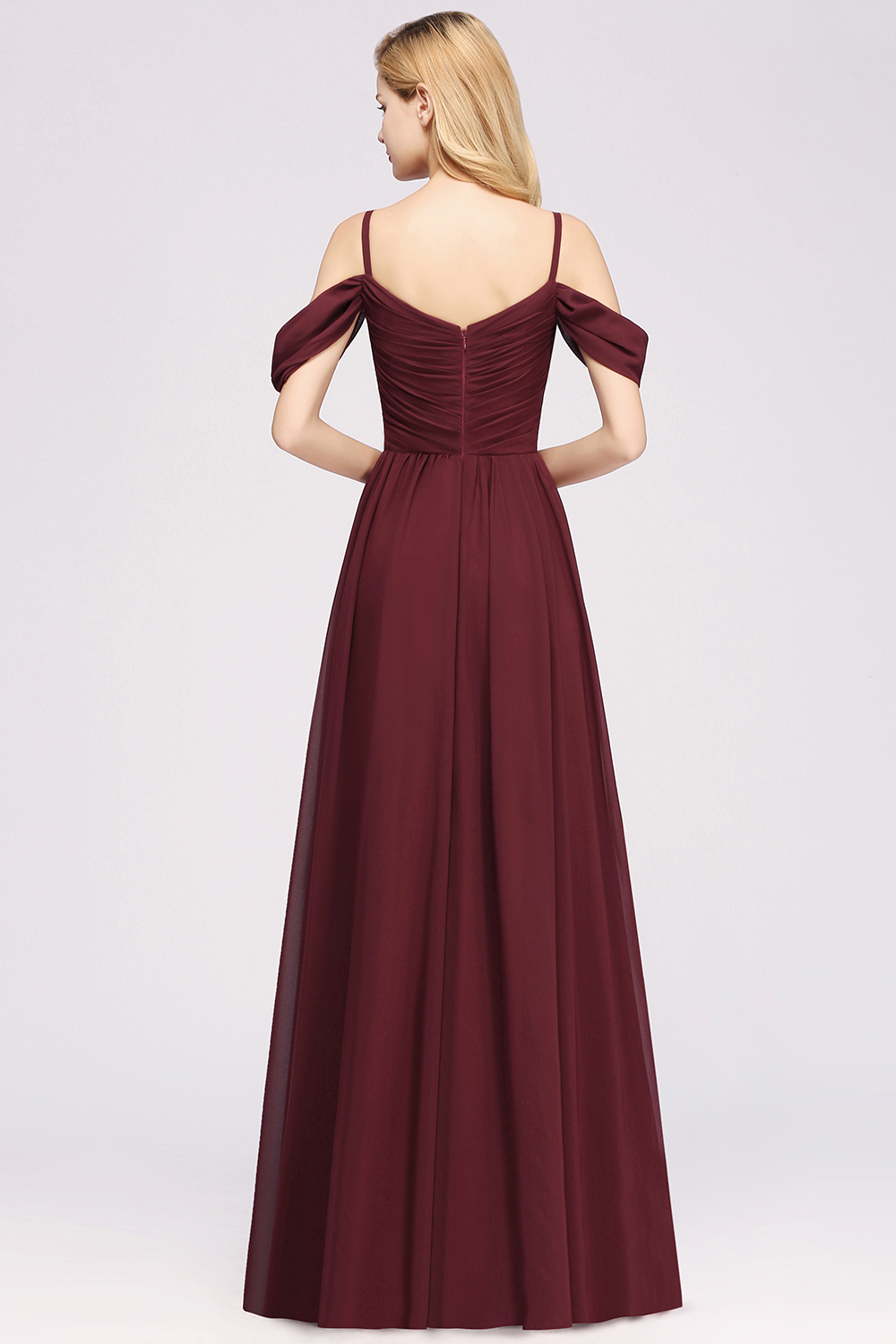 A-Line Light Chiffon V-Neck Spaghetti Straps Short-Sleeves Sweep Train Bridesmaid Dress UKes UK UK with Ruffles-27Dress.co.uk