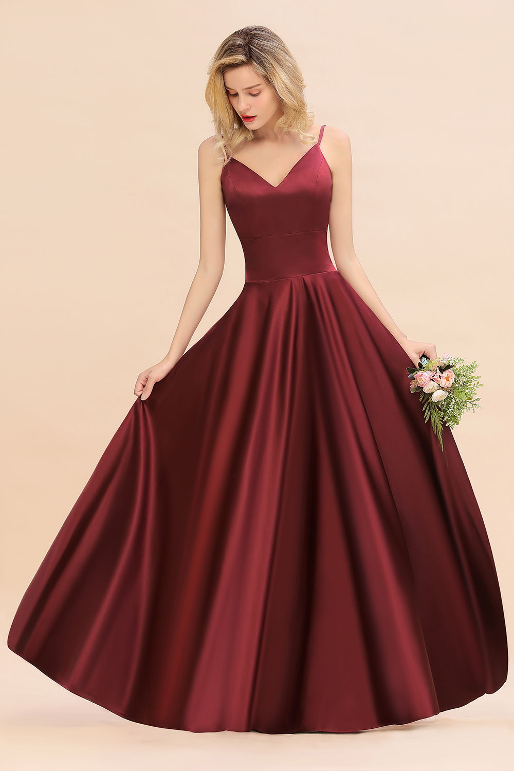 Spaghetti Straps Burgundy Satin Long Bridesmaid Dress Simple V-Neck Party Dress