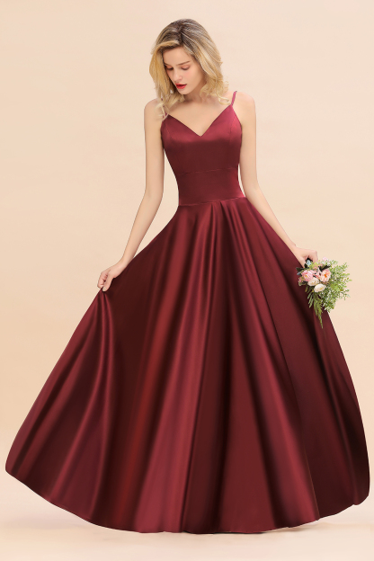 Spaghetti Straps Burgundy Satin Long Bridesmaid Dress Simple V-Neck Party Dress