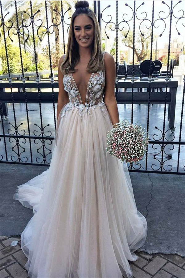 Sexy Flower Lace Appliques Elegant V-Neck Prom Dress UKes UK Sheer Sleeveless Evening Dress UKes UK with Crystal