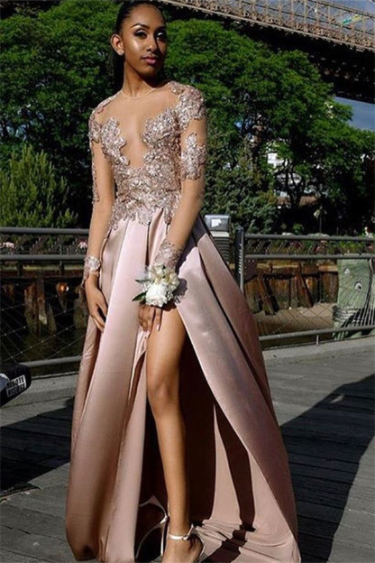 Amazing with Sleeves Side Slit Open back Applique A-Line Long Prom Dress UK UK