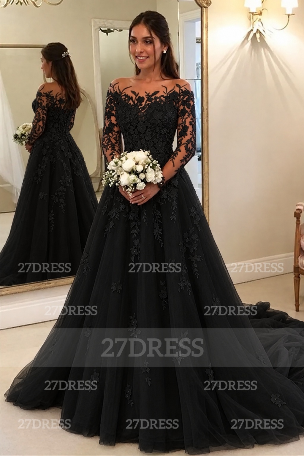 Elegant Long Sleeves Ｗedding Dress Aline Floral Lace Tulle Bridal Gown