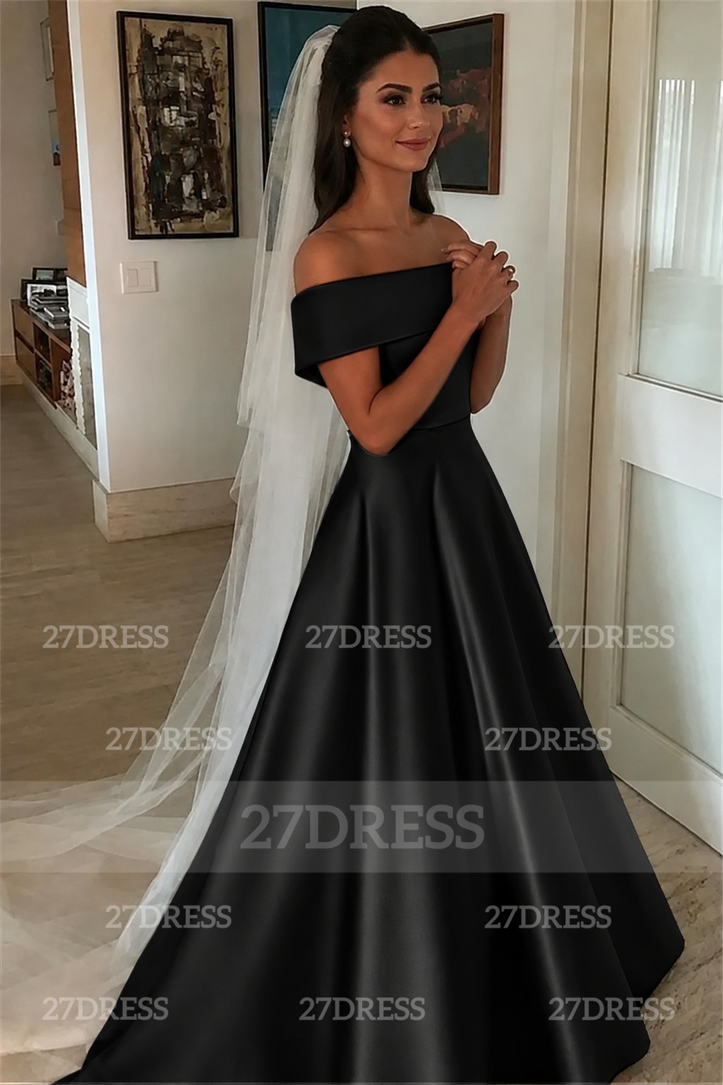 Elegant Off-the-Shoulder A-line Wedding Dresses UK Bowknot Ribbons Sleeveless Bridal Gowns