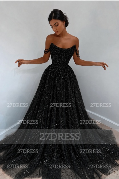 Glitter Off-the-Shoulder Beaded Evening Sequins A-Line Prom Dresses
