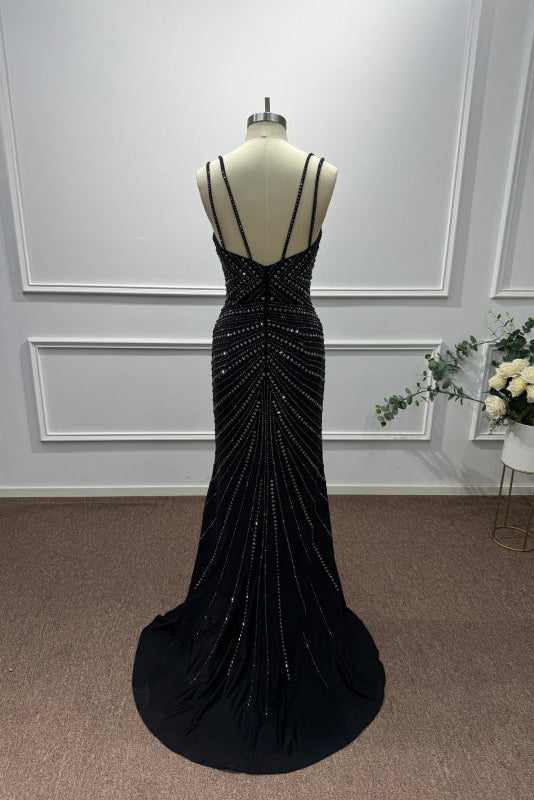 Black Spaghetti Straps Beadings Sleeveless Mermaid Prom Dress - Prom Dresses