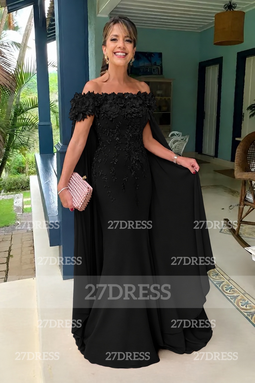 Off-the-Shoulder Pink Flowers Chiffon Mother of the Bride Dress Floor Length Wedding Guest Dress
