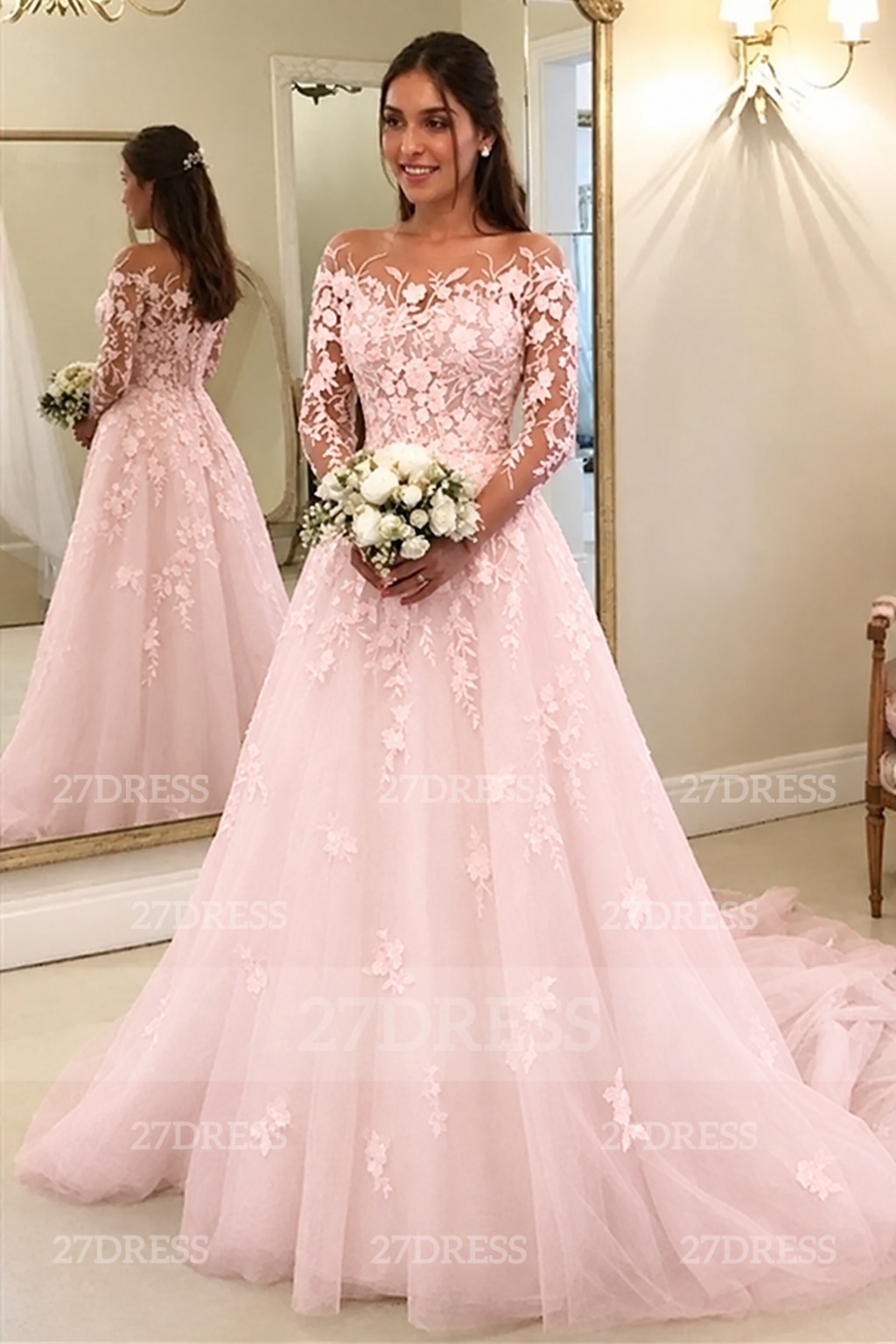 Elegant Long Sleeves Ｗedding Dress Aline Floral Lace Tulle Bridal Gown