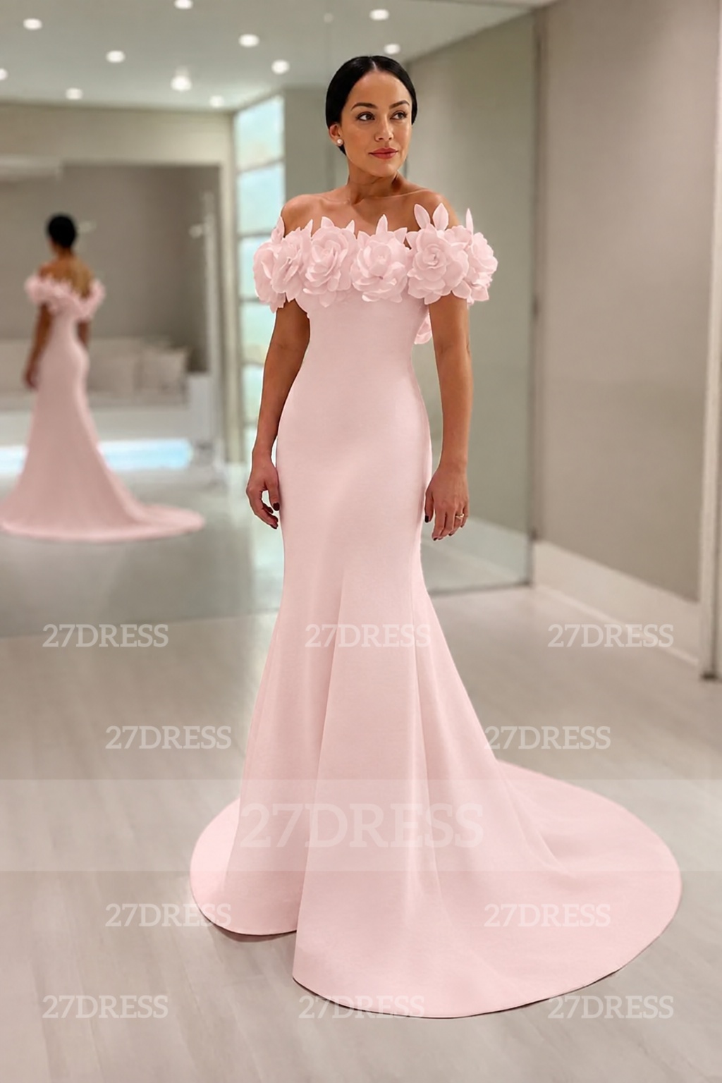 Elegant Mermaid Satin Wedding Dresses Off the Shoulder White Bridal Gowns with Flowers