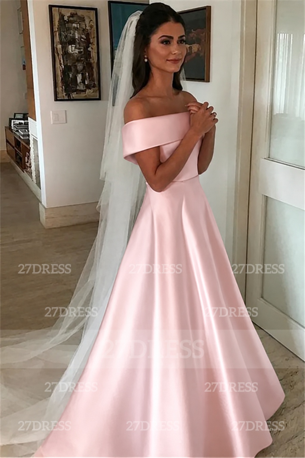Elegant Off-the-Shoulder A-line Wedding Dresses UK Bowknot Ribbons Sleeveless Bridal Gowns