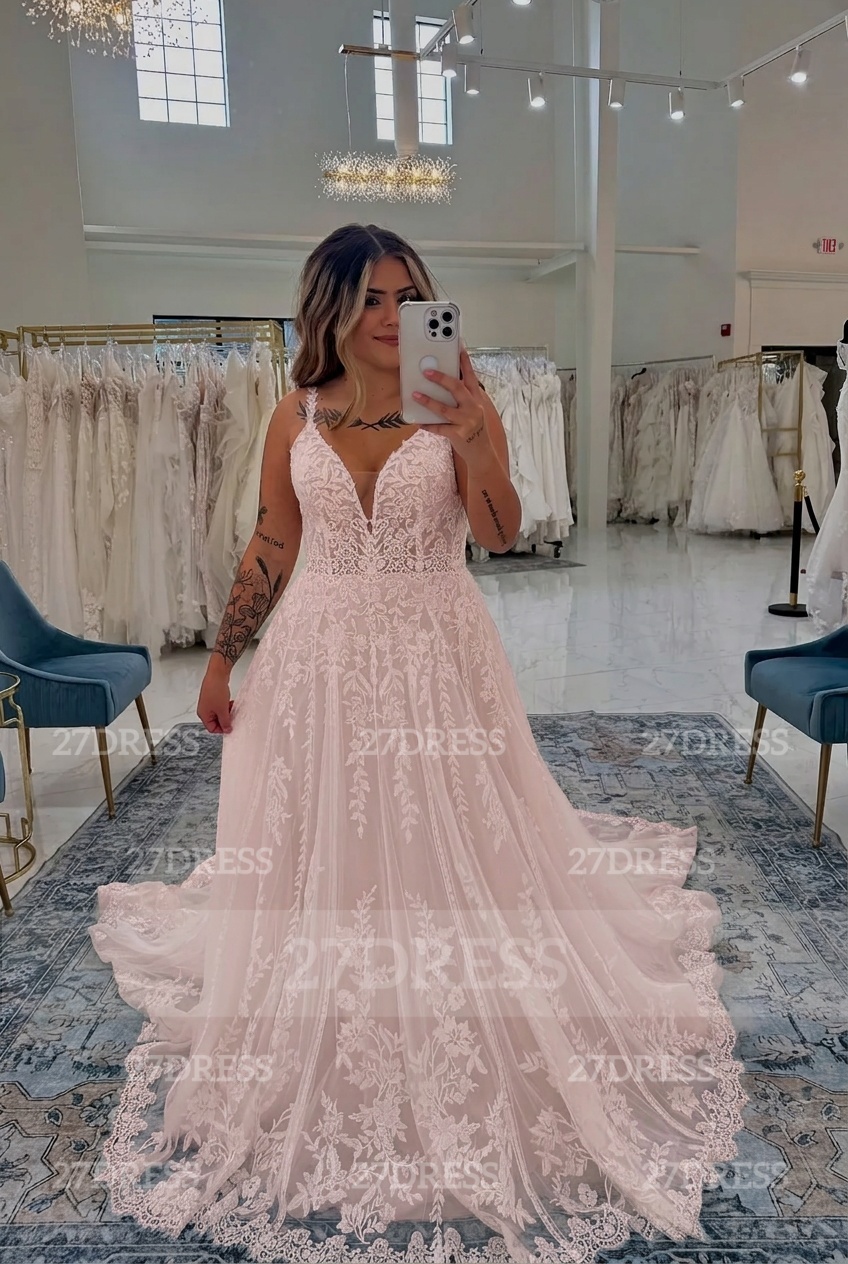 Spaghetti Straps Open Back Appliques Lace A-Line Wedding Dresses