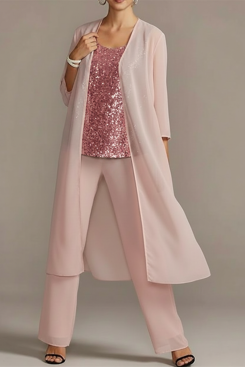 Jumpsuit 3 Piece Chiffon Sequins Mother of the Bride Dress with Scoop Neck 3/4 Sleeves