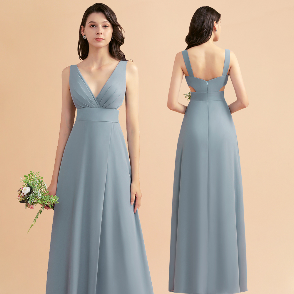 Dusty Blue Chiffon Bridesmaid Dress with Side Slit Long Wedding Guest Dress