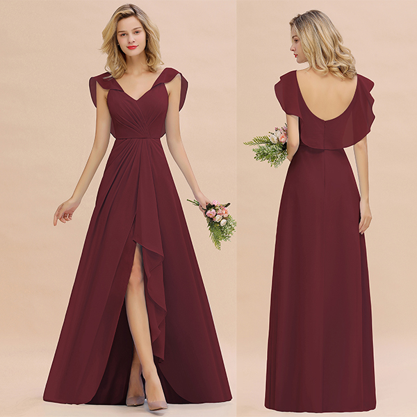 V-Neck A-line Bridesmaid Dress Chiffon Long Wedding Party Dress with Split