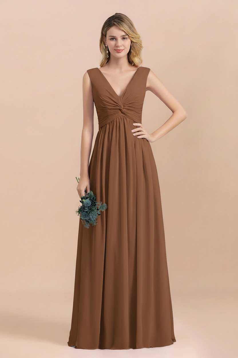 Chic Lilac A-line Chiffon Bridesmaid Dress Sleeveless V-Neck Long Wedding Guest Dress