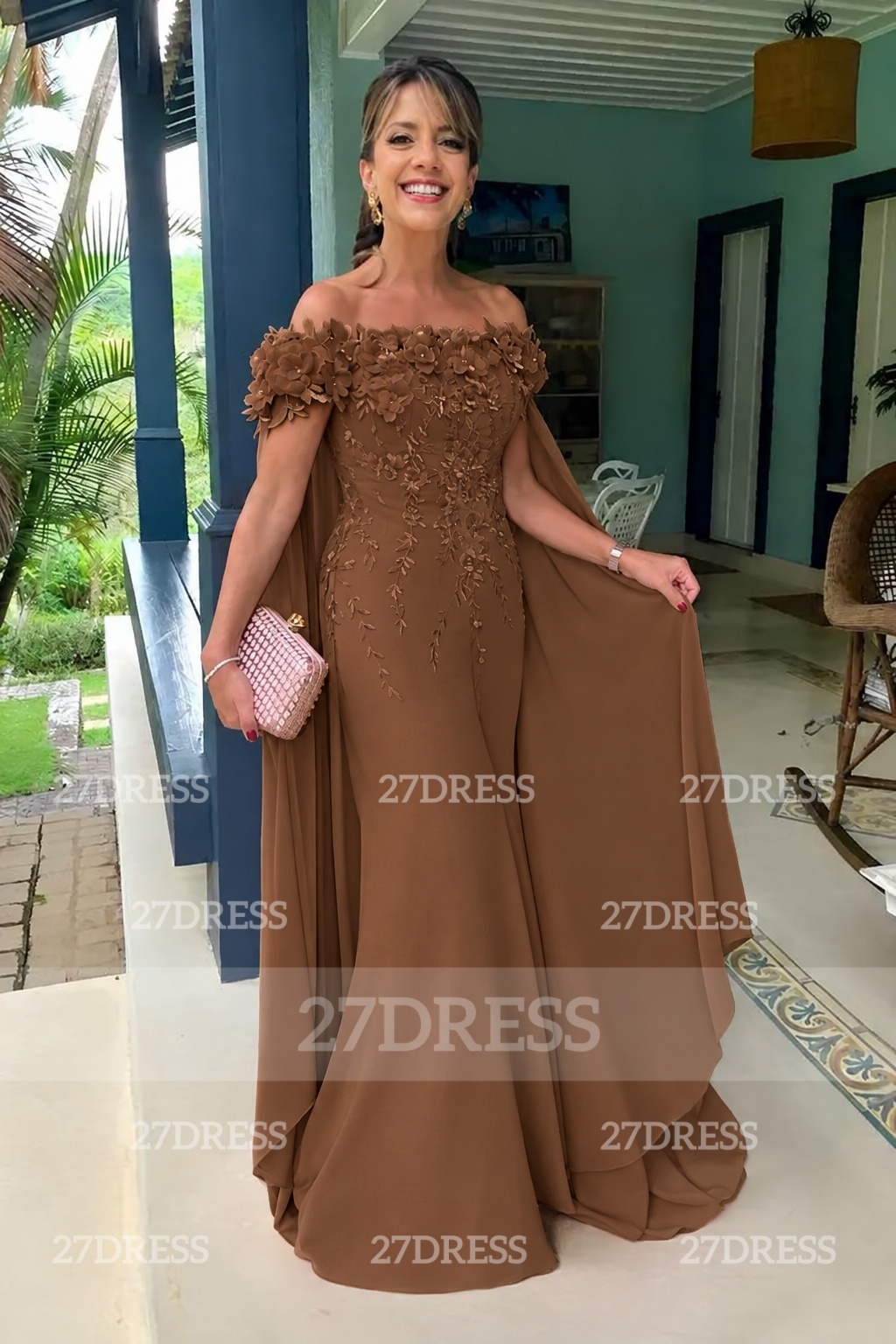 Off-the-Shoulder Pink Flowers Chiffon Mother of the Bride Dress Floor Length Wedding Guest Dress