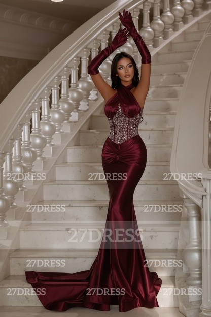 Glitter Ruched Satin Bodycon Mermaid Prom Dress Halter Crystals Party Dresses