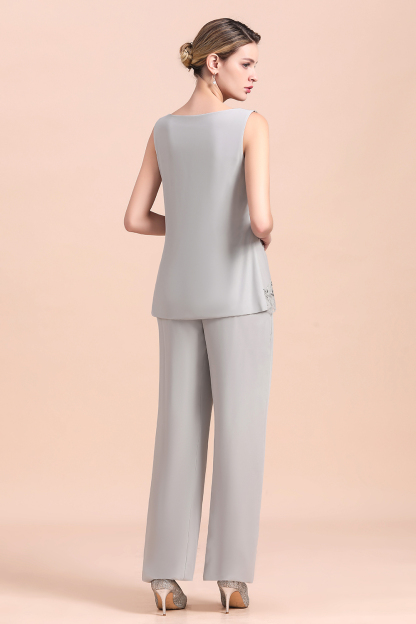 Elegant Sleeveless Appliques Silver Chiffon Mother of Bride 3 Piece Jumpsuit with Wrap