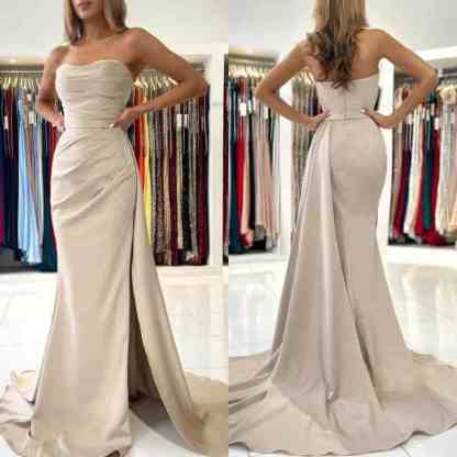 Sweetheart Ruched Satin Cloumn Prom Dress with Train Strapless Long Formal Dress Side Slit