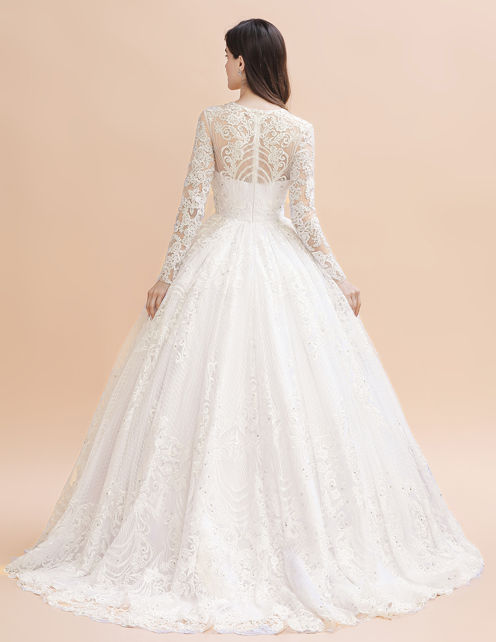 Gorgeous Long Sleeve Wedding Dress Beads White/Ivory with Lace Appliques