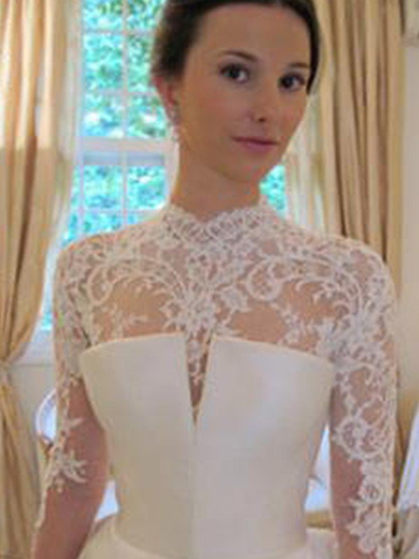 Satin Lace Ball Gown Long Sleeves High Neck Wedding Dresses UK