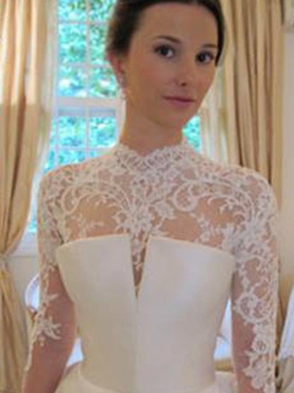 Satin Lace Ball Gown Long Sleeves High Neck Wedding Dresses UK