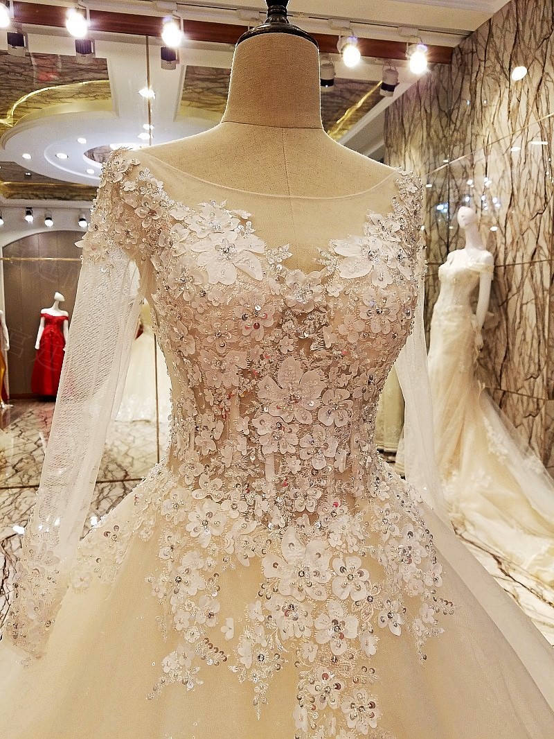 Ball Gown Long Sleeves Appliques Tulle Lace-up Wedding Dresses UK