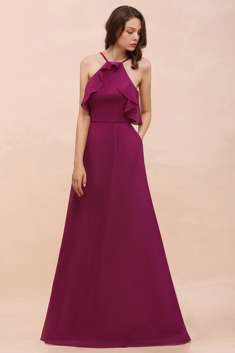 Chic Halter Chiffon Long Bridesmaid Dress Mulberry A-line Wedding Guest Dress