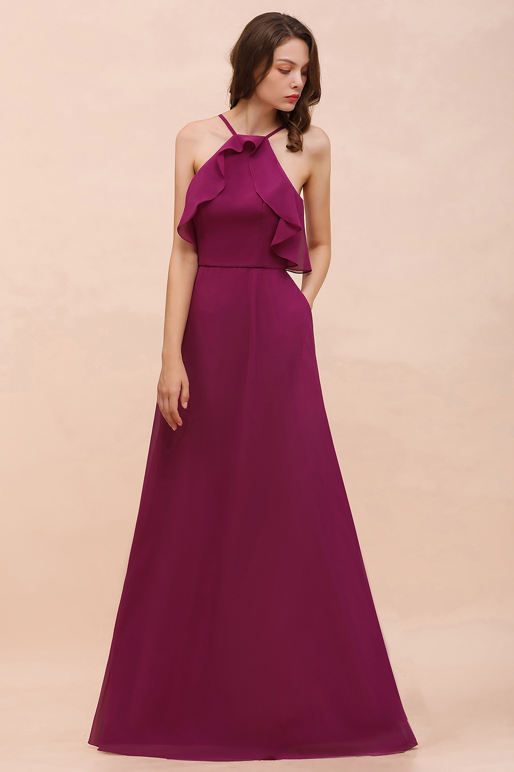 Chic Halter Chiffon Long Bridesmaid Dress Mulberry A-line Wedding Guest Dress