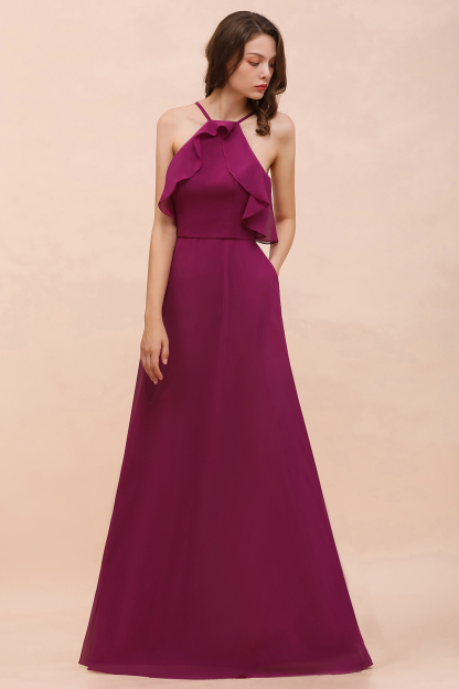 Chic Halter Chiffon Long Bridesmaid Dress Mulberry A-line Wedding Guest Dress