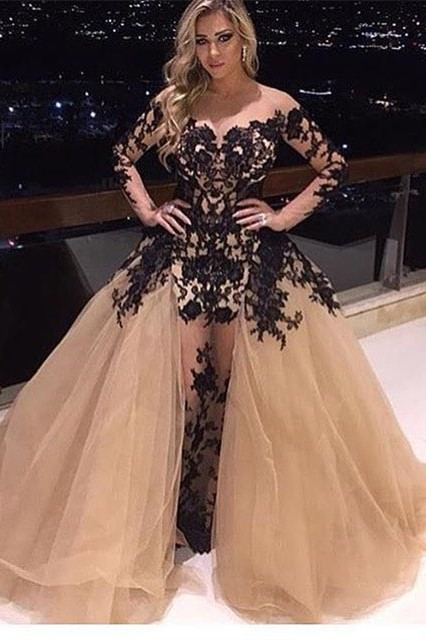 Gorgeous Long Sleeve Black Appliques Prom Dress UK Tulle Ruffles Party Gowns BA8156