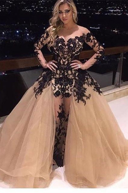 Gorgeous Long Sleeve Black Appliques Prom Dress UK Tulle Ruffles Party Gowns BA8156