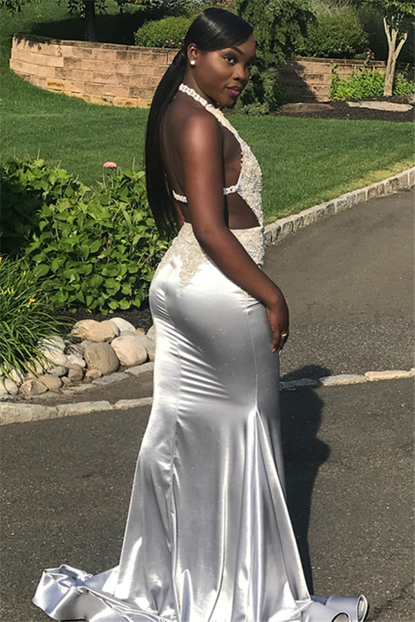 Chic Halter V-Neck Sleeveless Crystals Sequined Elegant Mermaid Prom Dress UKes UK UK