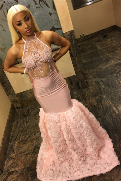 Pink Halter Lace Appliques Flower Prom Dress UKes UK Mermaid Lace Sleeveless Evening Dress UKes UK