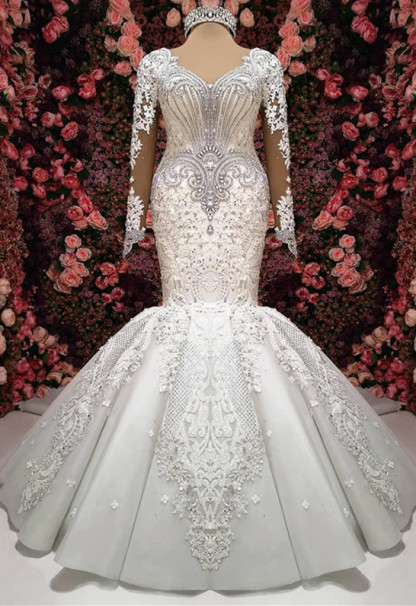Glamorous Crystals Sexy Mermaid Bridal Gowns Long Sleeves Wedding Dresses UK