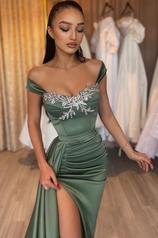 Stunning Dark Green Ruched Satin Mermaid Prom Dress Side Slit Sweetheart Formal Dress