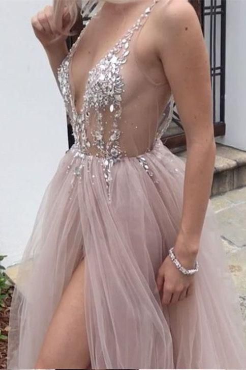 Pink Elegant V-Neck Lace Appliques Crystal Prom Dress UKes UK Sheer Side slit Backless Sleeveless Evening Dress UKes UK