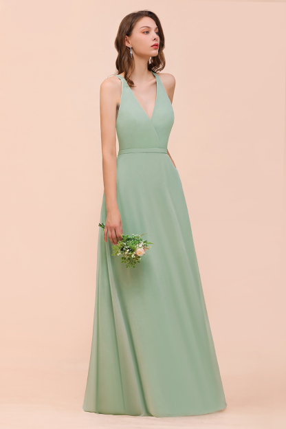 Dusty Sage V-Neck Bridesmaid Dress Glamorous Chiffon Long Wedding Guest Dress with Straps