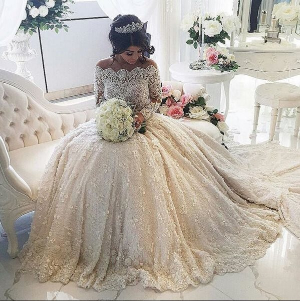 Pretty Lace Long Sleeve Princess Wedding Dresses UK Ball Gown With Appliques
