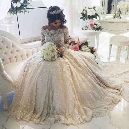 Pretty Lace Long Sleeve Princess Wedding Dresses UK Ball Gown With Appliques