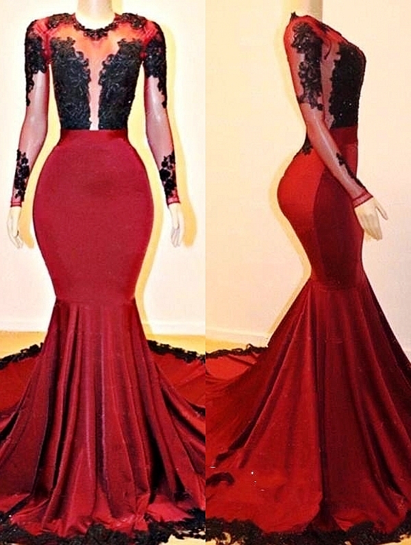 Long Sleeves Elegant Mermaid Lace Appliques Sheer Prom Dress UKes UK UK