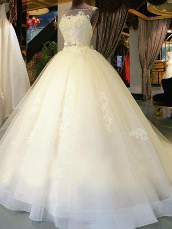 Applique Lace Ball Gown Off-the-Shoulder Sleeveless Ribbon Beads Sweep Train Wedding Dresses UK