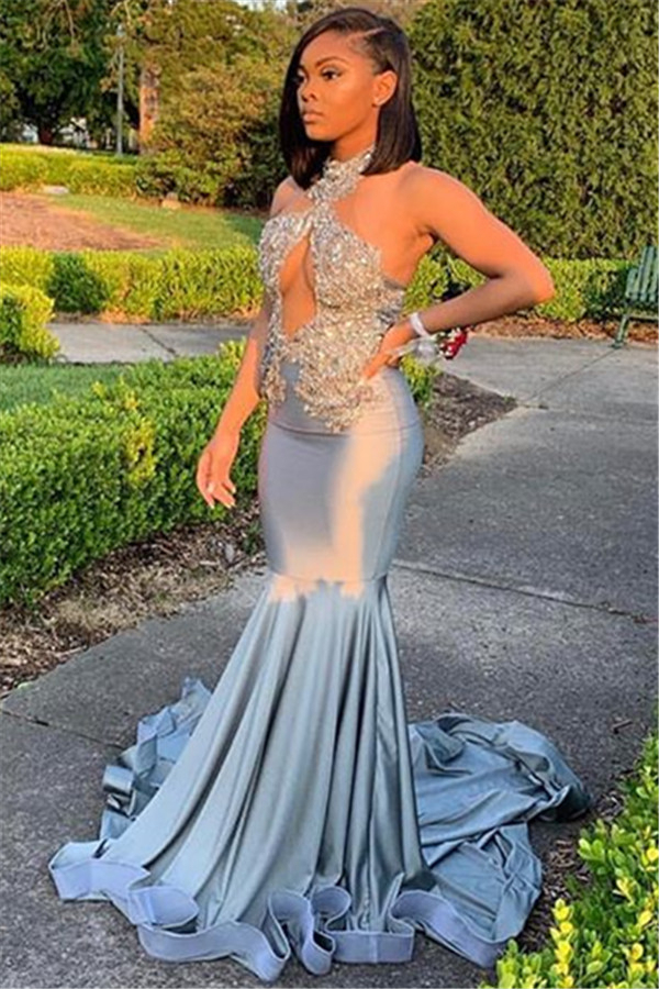 Halter Lace Appliques Ruffles Prom Dress UKes UK Mermaid Crystal Sleeveless Evening Dress UKes UK