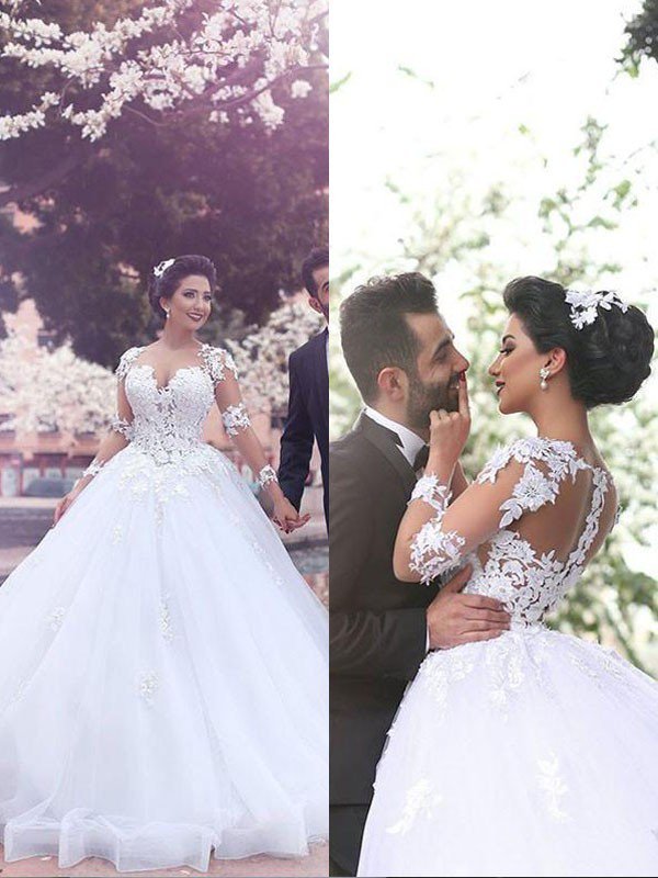 Tulle Ball Gown Court Train Long Sleeves Sweetheart Wedding Dresses UK