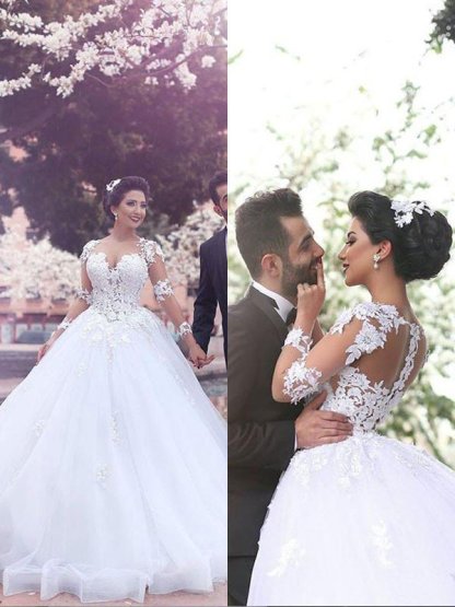 Tulle Ball Gown Court Train Long Sleeves Sweetheart Wedding Dresses UK