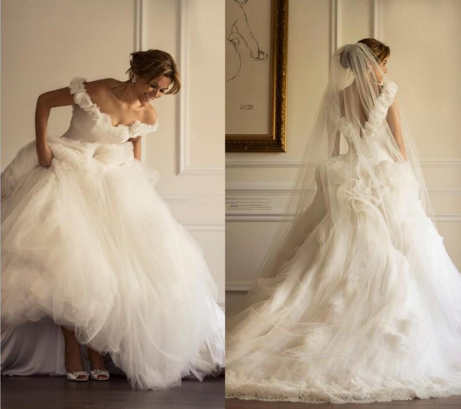 Flowers A-line Ruffles Sweep-Train Tulle Off-the-shoulder Modern Wedding Dress