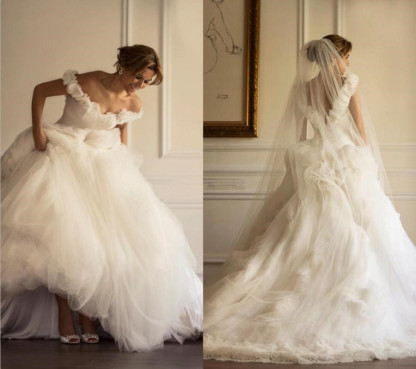 Flowers A-line Ruffles Sweep-Train Tulle Off-the-shoulder Modern Wedding Dress