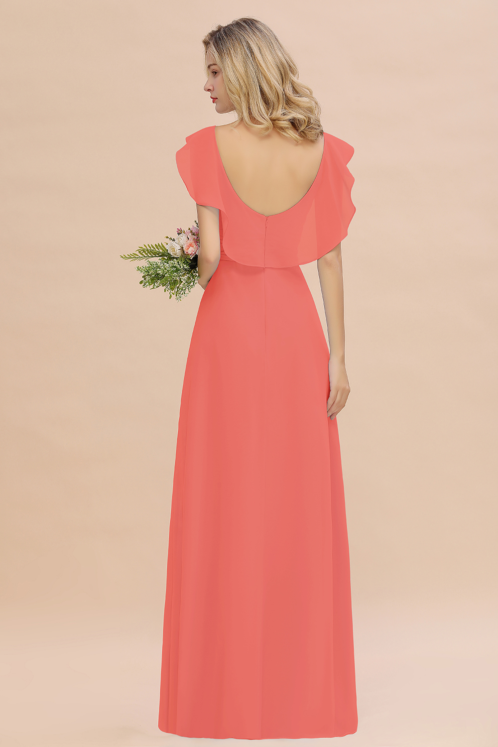 V-Neck A-line Bridesmaid Dress Chiffon Long Wedding Party Dress with Split